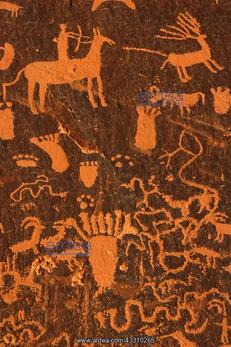 : 80187851 Newspaper Rock - hunting scene carved in : 80187851 Newspaper Rock - hunting scene carved in