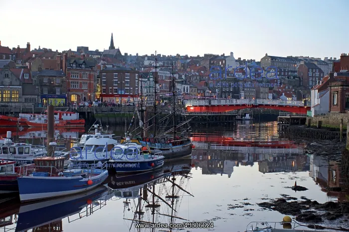 : 80190181 Whitby - harbour with boats and bridge : 80190181 Whitby - harbour with boats and bridge