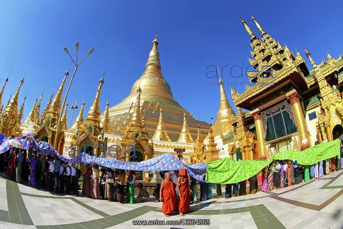 : 80191430 Gold stupa and spires with people queuing : 80191430 Gold stupa and spires with people queuing