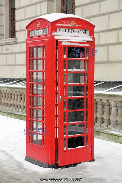 : 80193376 Snow on a red telephone box, London, England : 80193376 Snow on a red telephone box, London, England