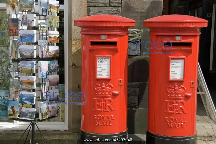 : 80193786 await Two English mail boxes and a postcard : 80193786 await Two English mail boxes and a postcard