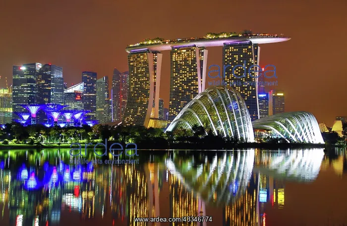 : 80194227 Night scene of the city skyline of Singapore : 80194227 Night scene of the city skyline of Singapore