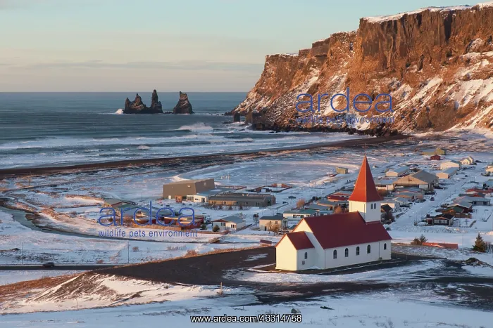 : 80198991 Church - and coastline Vik i Myrdal, Iceland : 80198991 Church - and coastline Vik i Myrdal, Iceland
