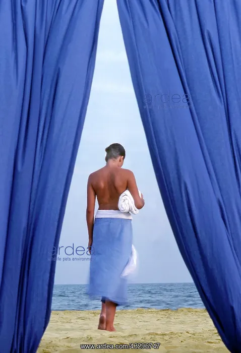 : 80201365 Woman - topless lady with towel walking : 80201365 Woman - topless lady with towel walking