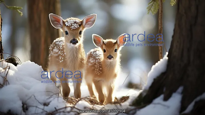 : Two adorable fawn deer in the wintery wilderness : Two adorable fawn deer in the wintery wilderness