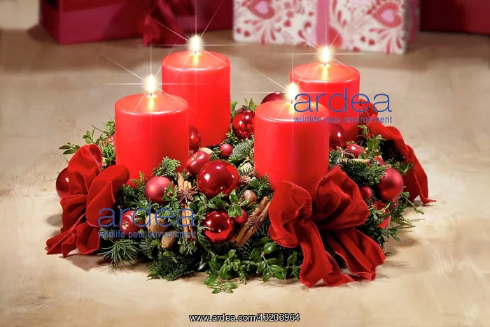 : Advent wreath with four candles burning for the : Advent wreath with four candles burning for the