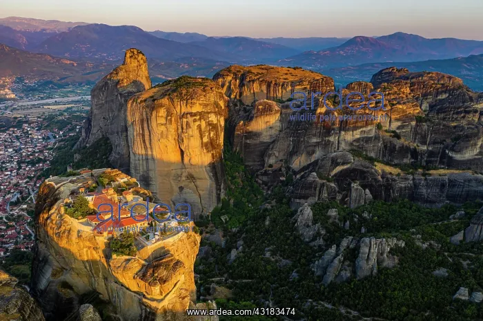 : Aerial, Agia Triada Monastery at sunrise, Meteora : Aerial, Agia Triada Monastery at sunrise, Meteora
