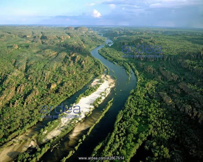 : Aerial - East Alligator River cutting through sandstone : Aerial - East Alligator River cutting through sandstone