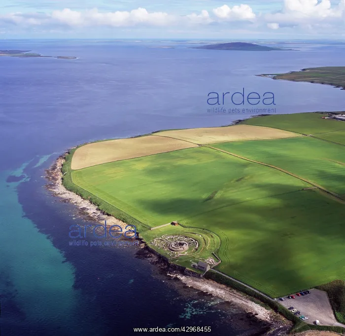 : Aerial image of Scotland, UK: Broch of Gurness : Aerial image of Scotland, UK: Broch of Gurness