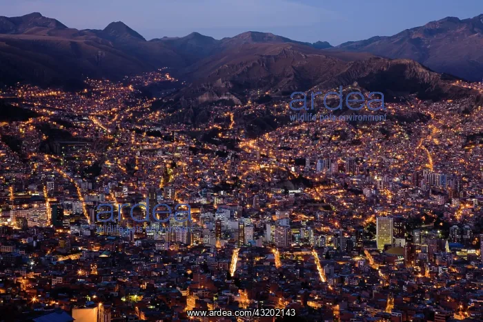 : Aerial of La Paz at dusk with pink light : Aerial of La Paz at dusk with pink light