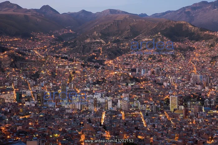 : Aerial of La Paz at dusk with pink light : Aerial of La Paz at dusk with pink light