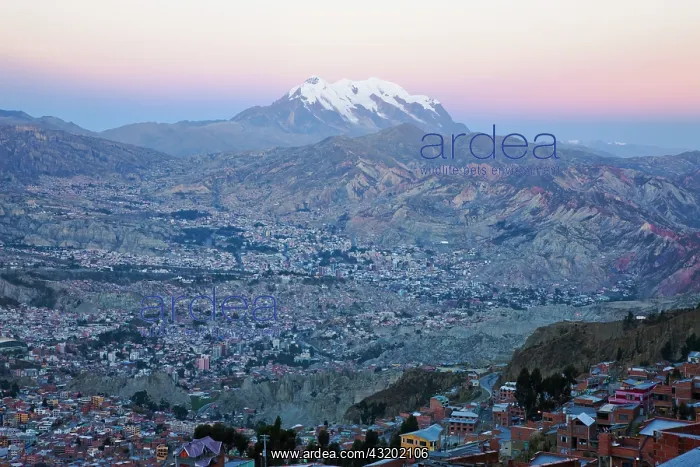 : Aerial of La Paz and Mount Illimani : Aerial of La Paz and Mount Illimani
