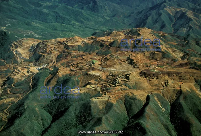 : Aerial - Landscape damaged by nickel mining : Aerial - Landscape damaged by nickel mining