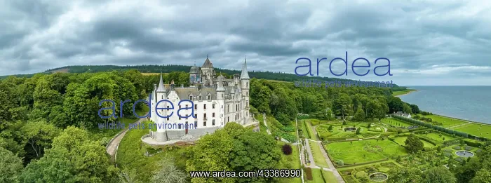 : Aerial panorama of Dunrobin Castle, Golspie, Sutherland, H : Aerial panorama of Dunrobin Castle, Golspie, Sutherland, H