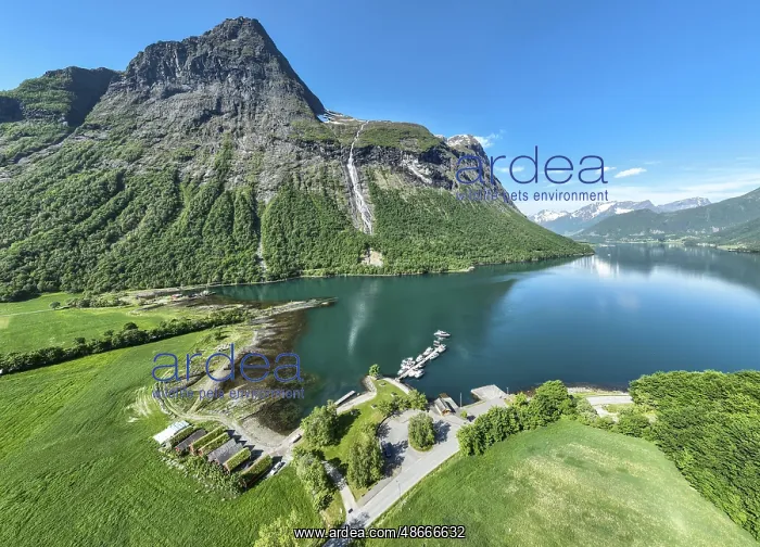 : Aerial panoramic view over fjord Hjorundfjord, at village : Aerial panoramic view over fjord Hjorundfjord, at village