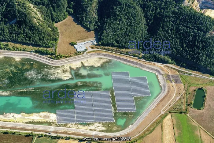 : Aerial photo photovoltaics on a water retention : Aerial photo photovoltaics on a water retention
