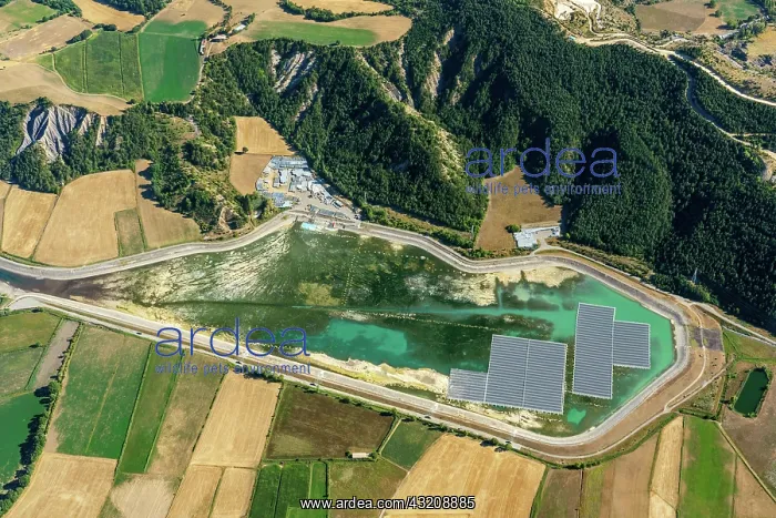 : Aerial photo photovoltaics on a water retention : Aerial photo photovoltaics on a water retention