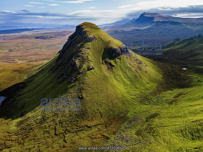 : Aerial of the rugged mountain landscape of the Quiraing : Aerial of the rugged mountain landscape of the Quiraing