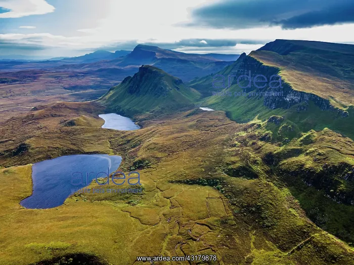 : Aerial of the rugged mountain landscape of the Quiraing : Aerial of the rugged mountain landscape of the Quiraing