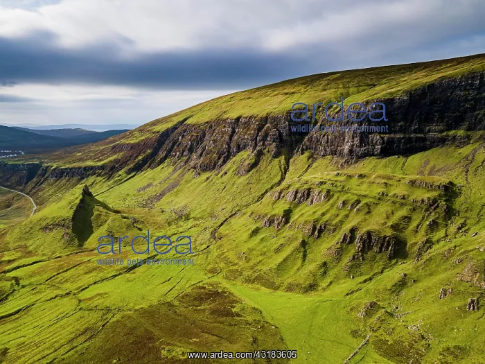 : Aerial of the rugged mountain landscape of the Quiraing : Aerial of the rugged mountain landscape of the Quiraing