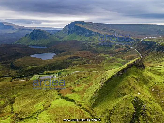 : Aerial of the rugged mountain landscape of the Quiraing : Aerial of the rugged mountain landscape of the Quiraing