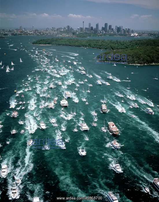 : Aerial - Sydney to Hobart yacht race sailing out : Aerial - Sydney to Hobart yacht race sailing out