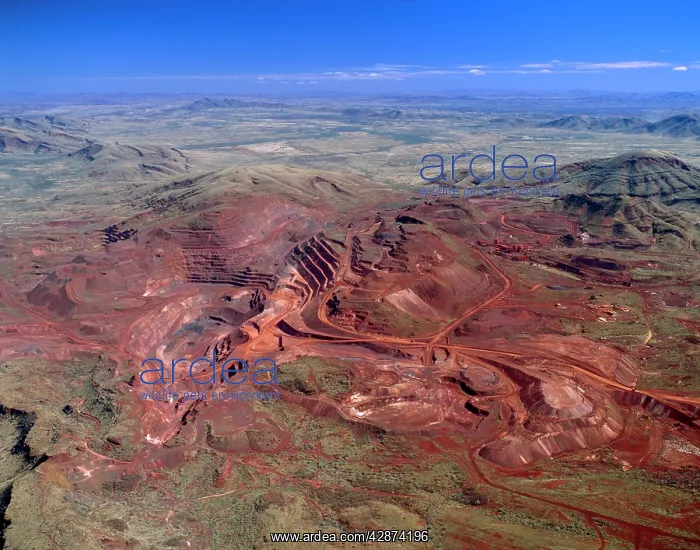 : Aerial - Tom Price open-cut iron ore mine Hamersley Range : Aerial - Tom Price open-cut iron ore mine Hamersley Range