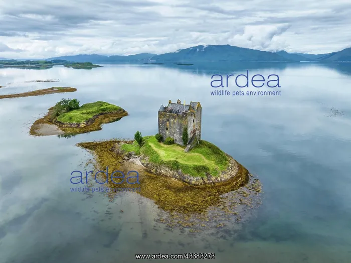 : Aerial view of the 14th century island castle Ca : Aerial view of the 14th century island castle Ca