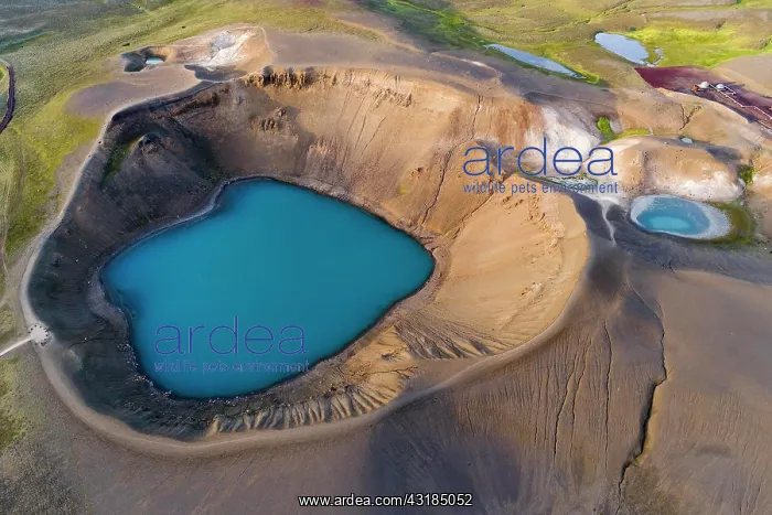 : Aerial view of blue lake in the Viti volcano crater : Aerial view of blue lake in the Viti volcano crater