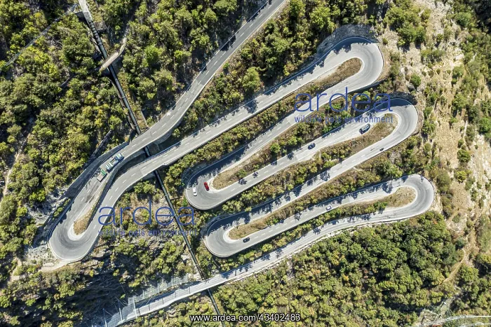 : Aerial view, drone shot, Mountain pass road with : Aerial view, drone shot, Mountain pass road with
