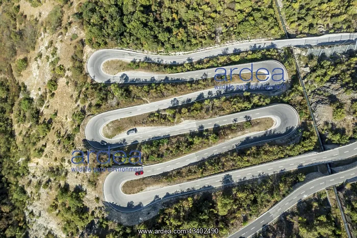 : Aerial view, drone shot, Mountain pass road with : Aerial view, drone shot, Mountain pass road with