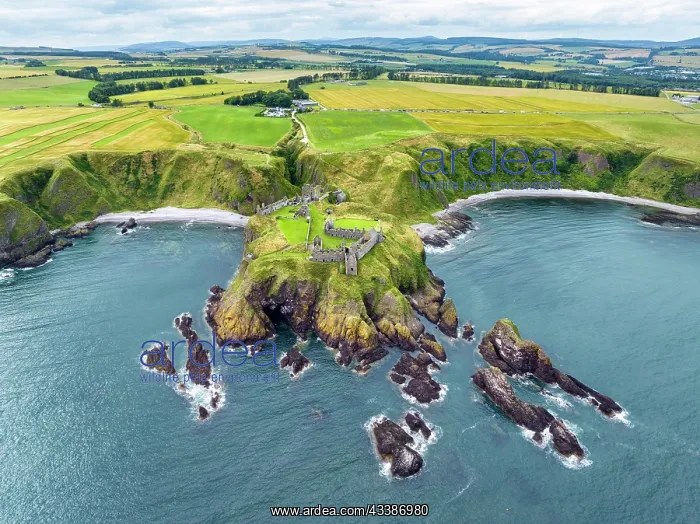 : Aerial view of Dunnottar Castle ruins on the North S : Aerial view of Dunnottar Castle ruins on the North S