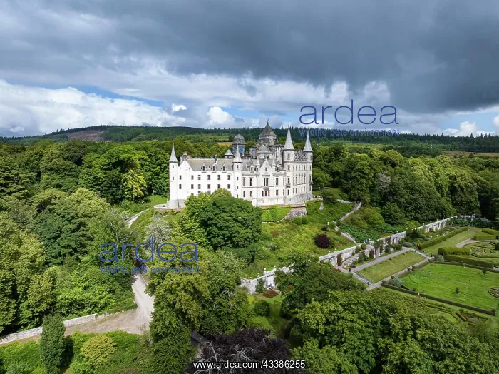 : Aerial view of Dunrobin Castle, Golspie, Sutherland, H : Aerial view of Dunrobin Castle, Golspie, Sutherland, H