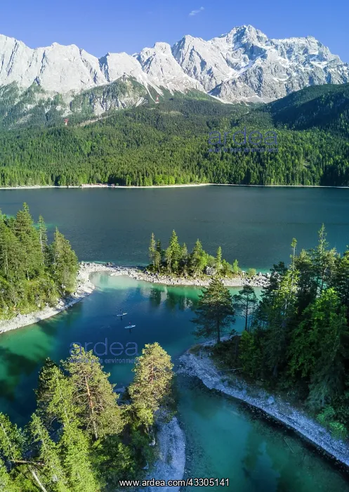 : Aerial view, Eibsee lake with Sasseninsel and Zugspitze : Aerial view, Eibsee lake with Sasseninsel and Zugspitze