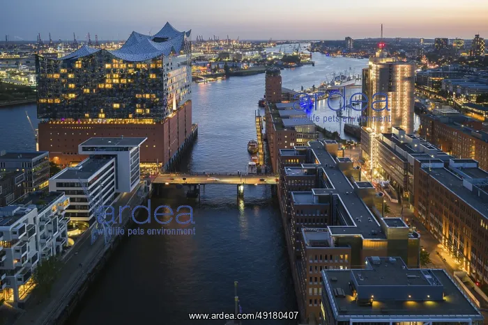 : Aerial view of the Elbphilharmonie at blue hour with harbour and Elbe in the background : Aerial view of the Elbphilharmonie at blue hour with harbour and Elbe in the background