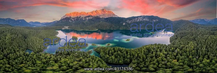 : Aerial view, evening mood, Zugspitze massif with : Aerial view, evening mood, Zugspitze massif with