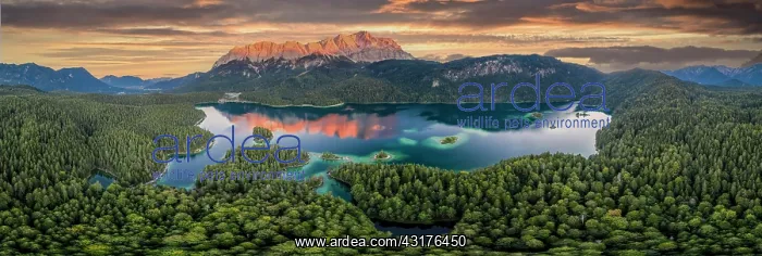: Aerial view, evening mood, Zugspitze massif with : Aerial view, evening mood, Zugspitze massif with