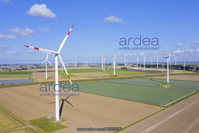 : Aerial view over farmland with wind turbines at : Aerial view over farmland with wind turbines at