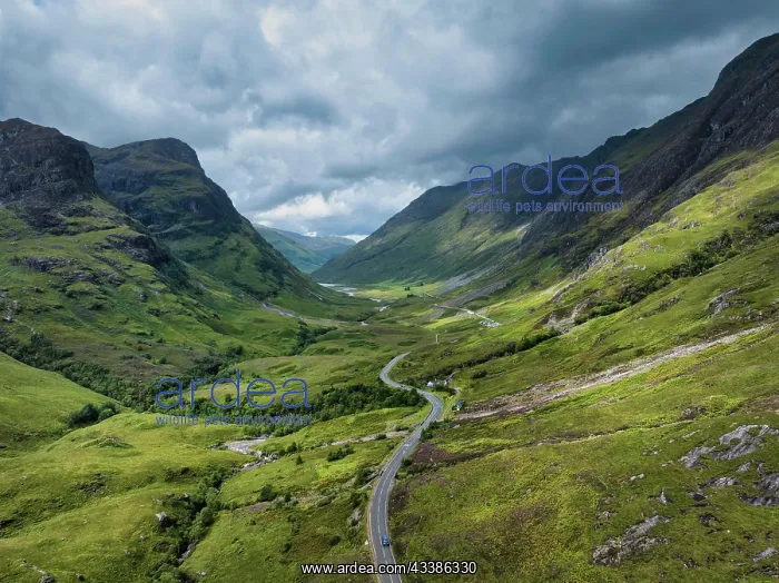 : Aerial view of Glen Coe with the A82 scenic road, H : Aerial view of Glen Coe with the A82 scenic road, H