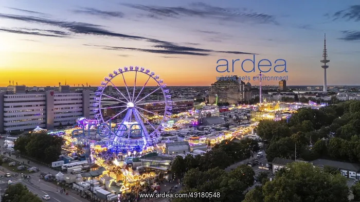 : Aerial view of Hamburg Cathedral on Heiligengeistfeld and Hamburg Bunker in the background at blue hour : Aerial view of Hamburg Cathedral on Heiligengeistfeld and Hamburg Bunker in the background at blue hour