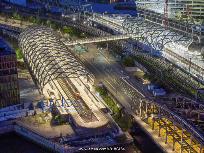 : Aerial view of the Hamburg Elbbrucken U4 underground and S-Bahn station at blue hour : Aerial view of the Hamburg Elbbrucken U4 underground and S-Bahn station at blue hour