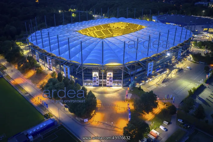 : Aerial view of the Hamburg Volksparkstadion (HSV) at blue hour : Aerial view of the Hamburg Volksparkstadion (HSV) at blue hour