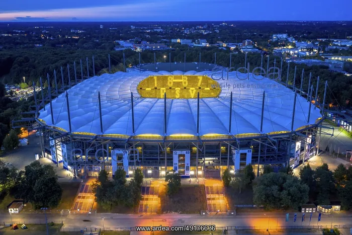 : Aerial view of the Hamburg Volksparkstadion (HSV) at blue hour : Aerial view of the Hamburg Volksparkstadion (HSV) at blue hour