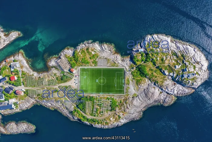 : Aerial view, Henningsvaer with football stadium : Aerial view, Henningsvaer with football stadium