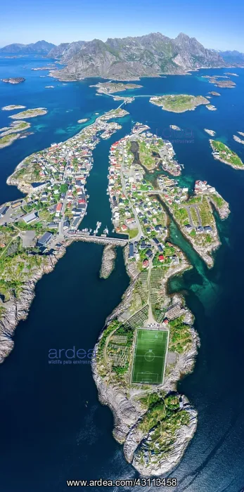 : Aerial view, Henningsvaer with football stadium : Aerial view, Henningsvaer with football stadium