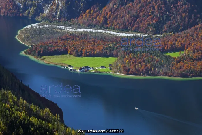 : Aerial view over lake Knnigssee and Sankt Bartholomc : Aerial view over lake Knnigssee and Sankt Bartholomc