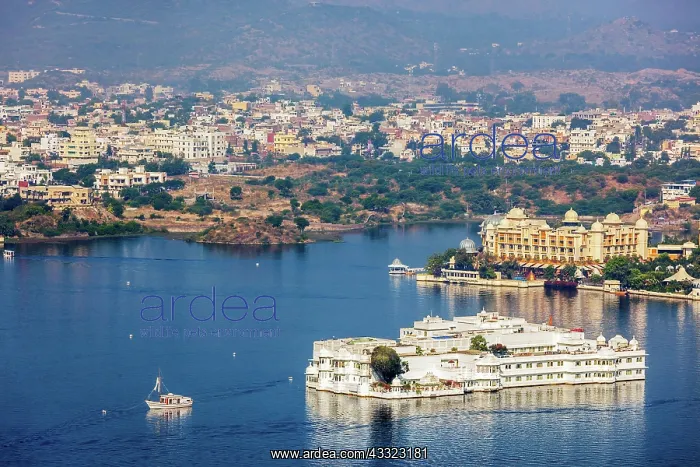 : Aerial view of Lake Pichola with Lake Palace (Jag : Aerial view of Lake Pichola with Lake Palace (Jag