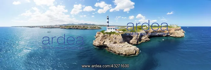 : Aerial view, lighthouse, Punta de ses Crestes, Bay : Aerial view, lighthouse, Punta de ses Crestes, Bay
