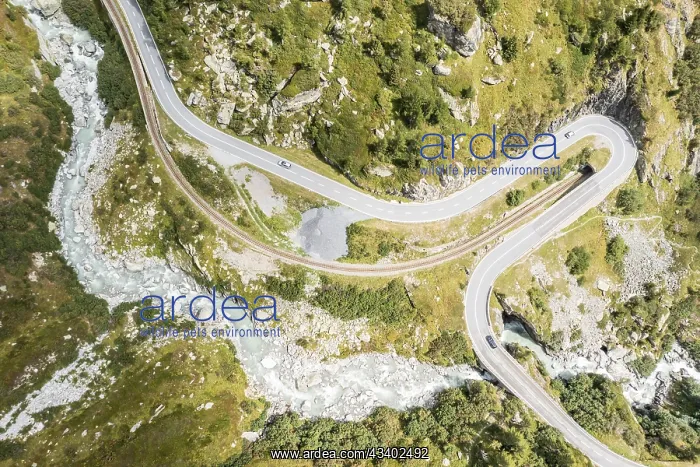 : Aerial view of mountain road Furkaroad, railway : Aerial view of mountain road Furkaroad, railway