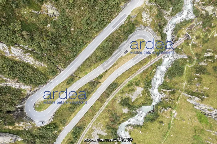 : Aerial view of mountain road Furkaroad, railway : Aerial view of mountain road Furkaroad, railway